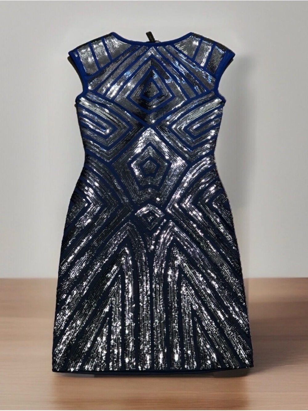 BCBGMaxAzria Silver-Accented Navy Geometric Sequin Mini Dress